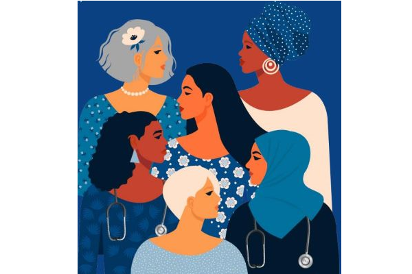 illustration of six different women, from different cultures, with two wearing stethoscope’s