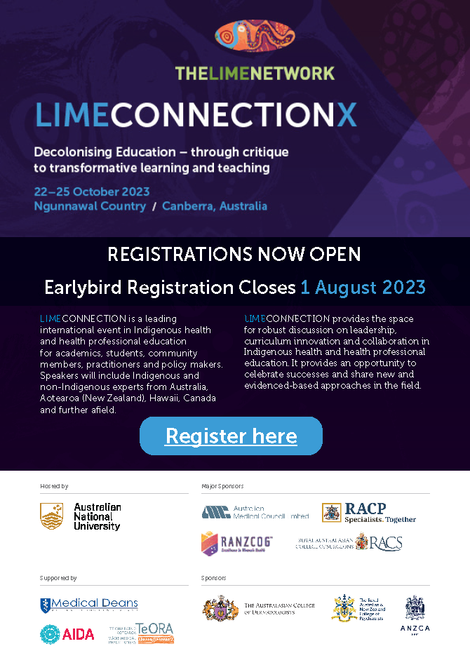 A banner for LIME Connection X, which includes the topic 'decolonising education - through critique through to transformative learning and teaching', as well as the date and location.