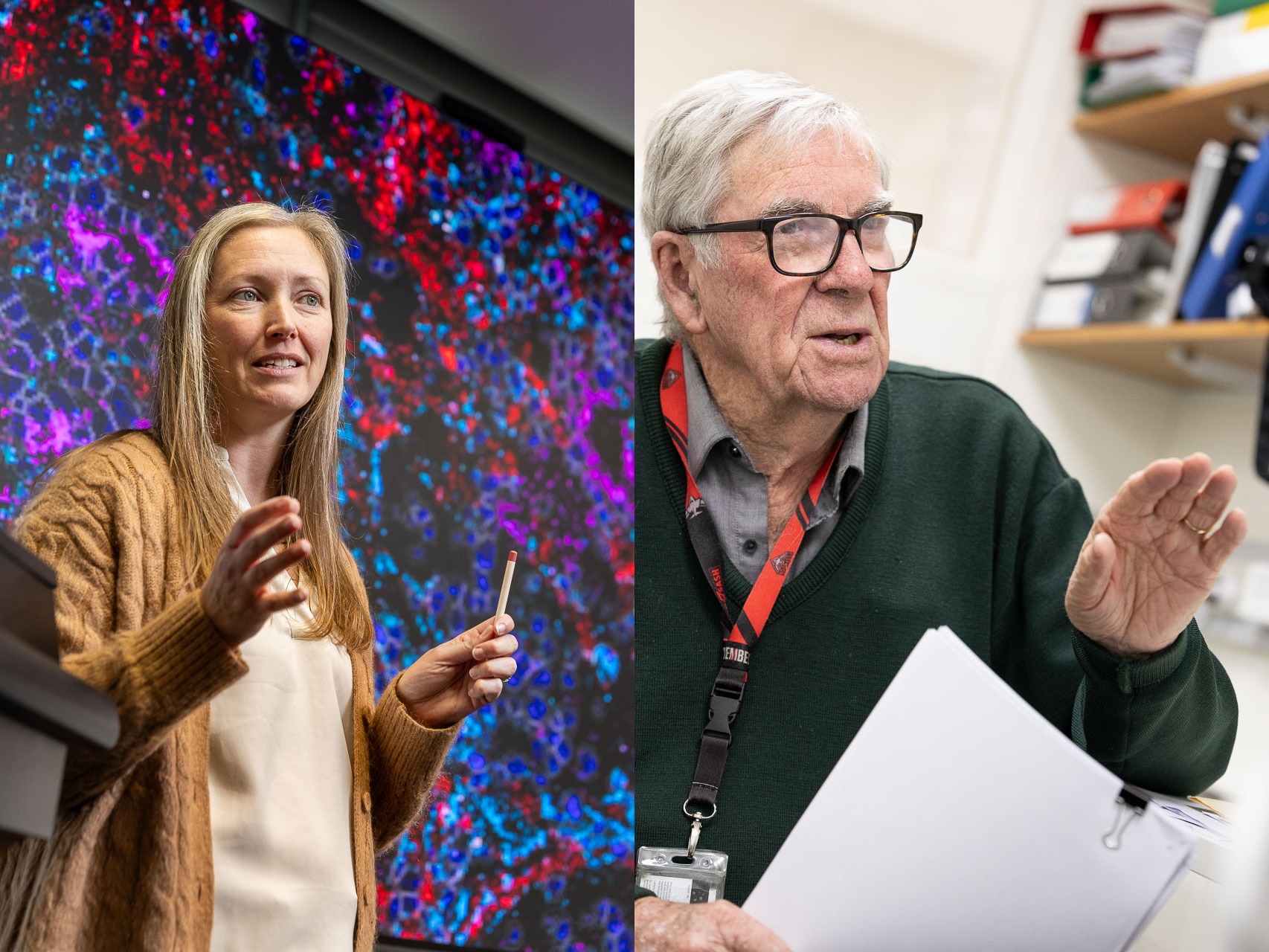 Left: Associate Professor Tracy Putoczki explains her research on pancreatic cancer cells in an auditorium room at WEHI. Right: Professor John Hamilton in an office at the Department of Medicine