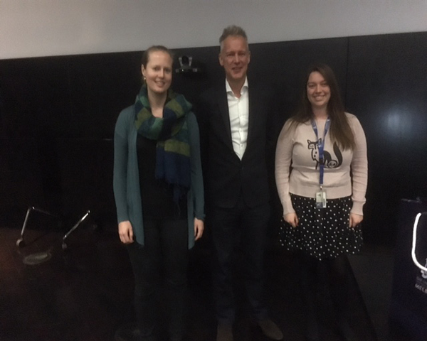 Best Datablitz and Poster Awards winners Susie Bellows and Emma Morrisroe with Professor Michael Johnson from Imperial College, London