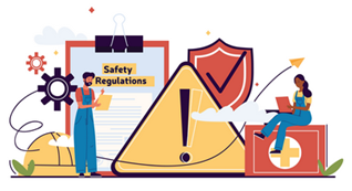 A cartoon stock image showing two figures with clipboards surrounded by occupational health and safety signs (such as a triangle containing an exclamation mark). 