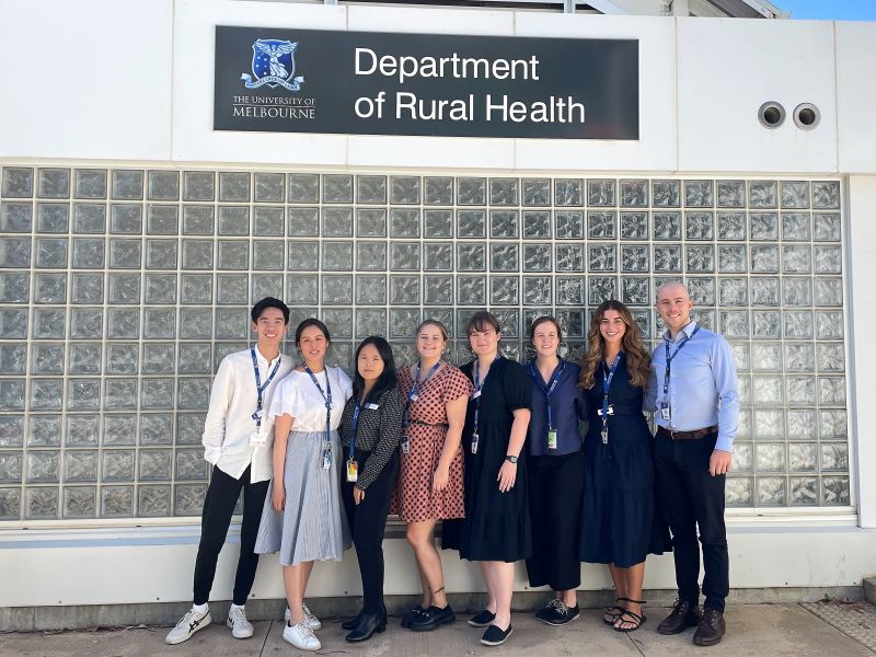 Audiology students, Richard Zhao Yang Liang (far left) and Nikolina Banovac (second from the right), with fellow University of Melbourne audiology students outside the University of Melbourne Shepparton campus. 