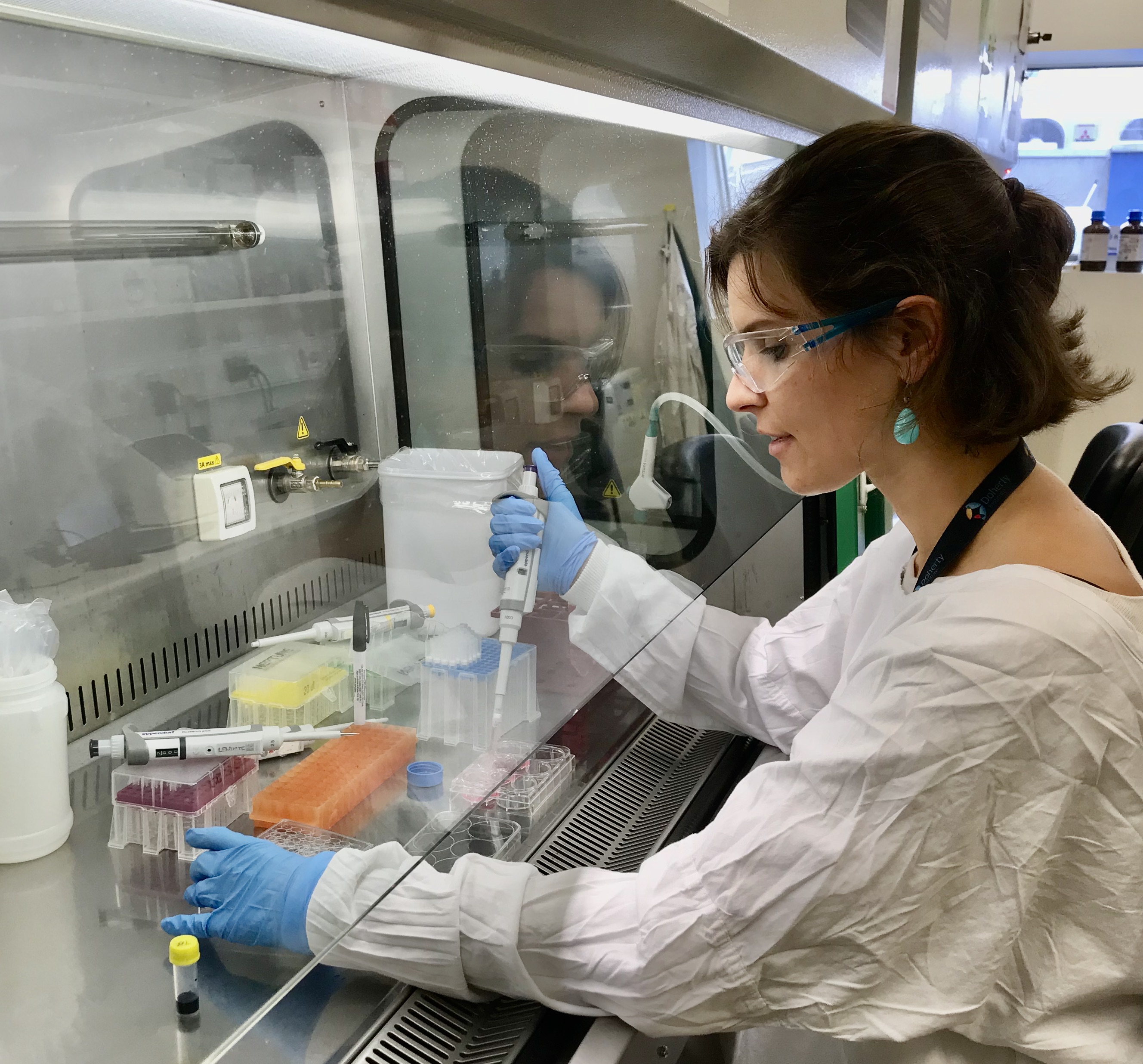 Dr Celine Gubser holding a dropper and working in the Lewin Lab