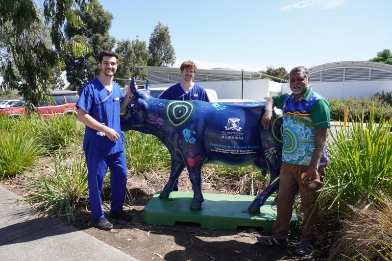 Artist Eric Brown with medical students Steven and James outside the Department of Rural Health with UniMoo the cow