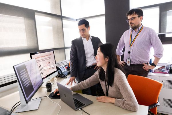 Professor Piero Perucca and two other research team members, Shuyu Wang and Michael Ginevra, looking at two computer monitors depicting epilepsy genes and trial design in his office at the Austin Brain Centre.