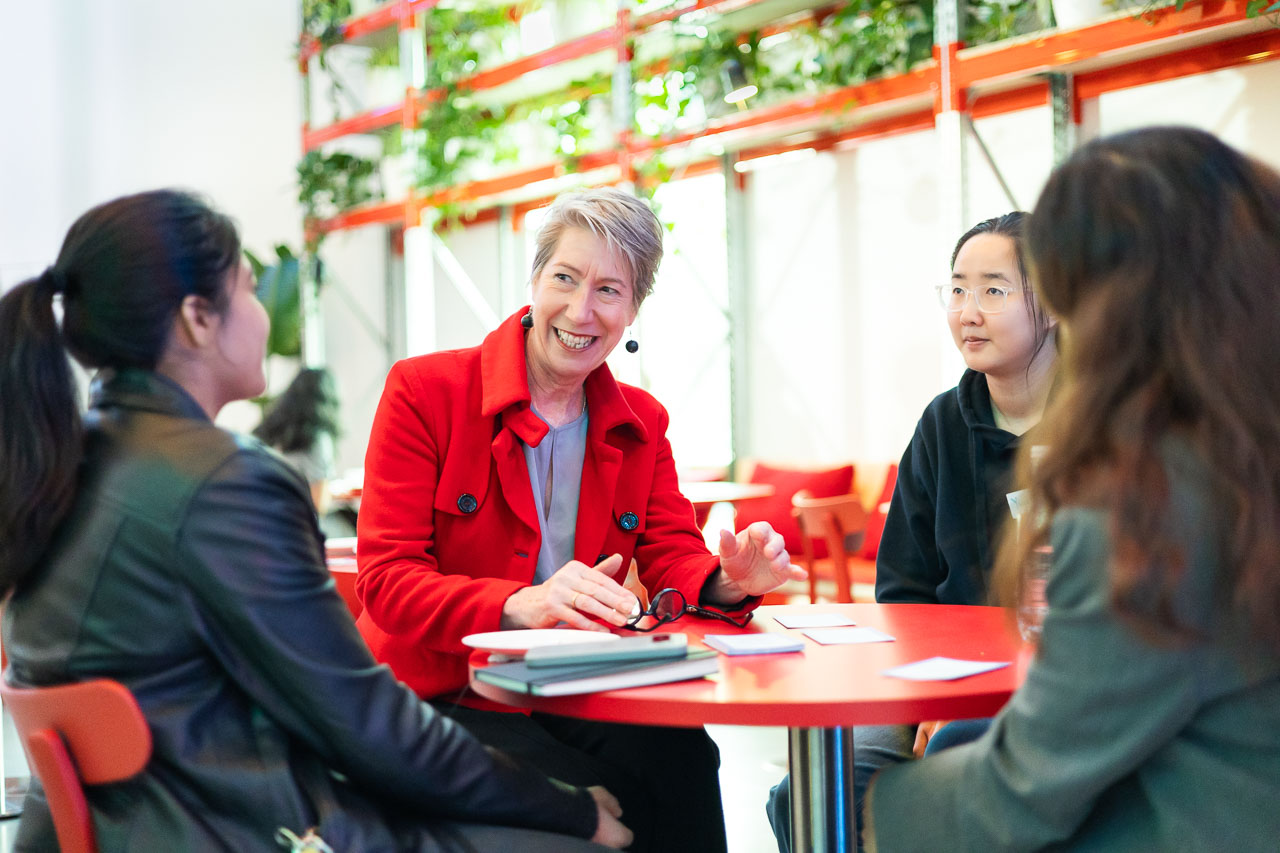 Alum Professor Susan Sawyer AM speaks with University students during the STEMx Networking Event held at the Science Gallery Melbourne