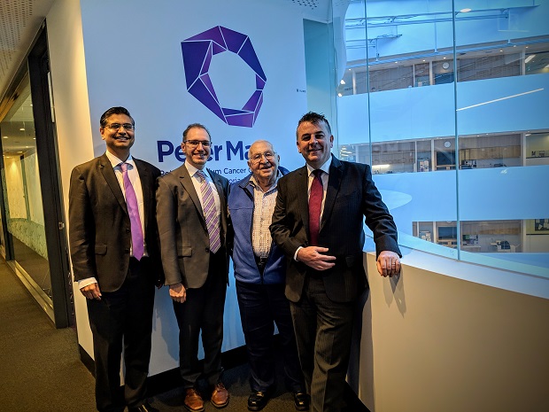 Professor Declan Murphy (right), Director of Genitourinary Oncology at Peter Mac, with patient advocate Barry Elderfield, Professor Michael Hofman and Associate Professor Arun Azad (left) participating in the successful grant interview conducted by Movember Australia.