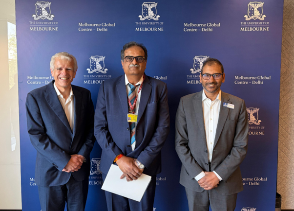 L-R: Professor Geoff McColl, Honorary (Professorial Fellow) Department of Medical Education, Dr Abhijat C. Sheth, Chairman National Medical Commission India and Professor Sarath Ranganathan, Head of Melbourne Medical School.